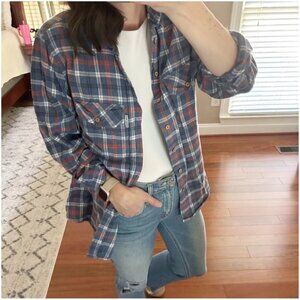 Plaid Flannel Button Down Shirt Soft Cozy Relaxed Orange Blue Size Small
